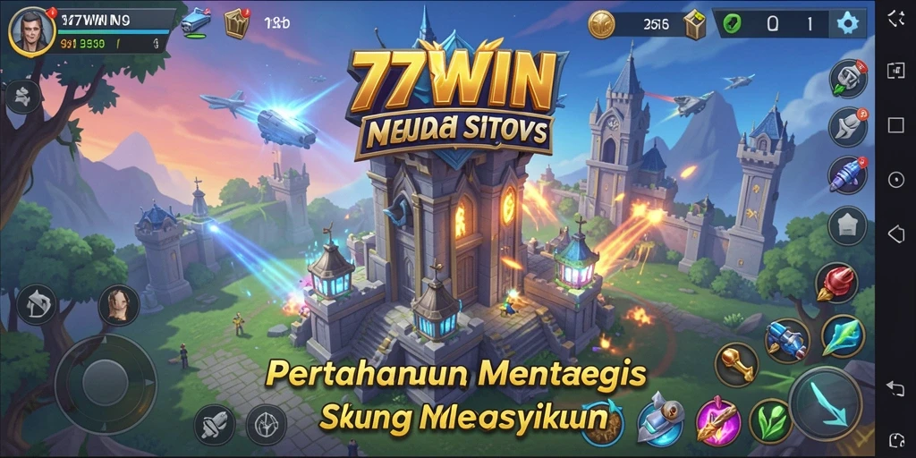 Tampilan gameplay menara pertahanan yang intens di 77WIN.