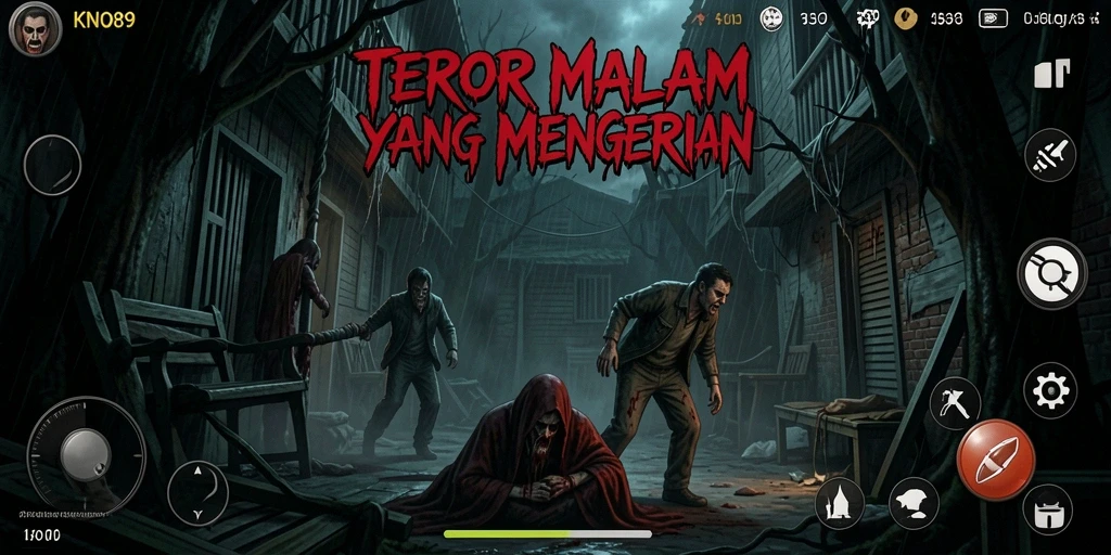 Tangkapan layar gameplay KNO89 menampilkan suasana mencekam dan karakter menyeramkan.