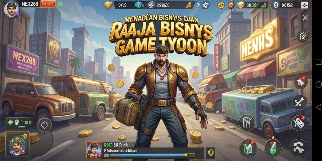 Screenshot NEX288 menampilkan momen seru membangun bisnis Tycoon.